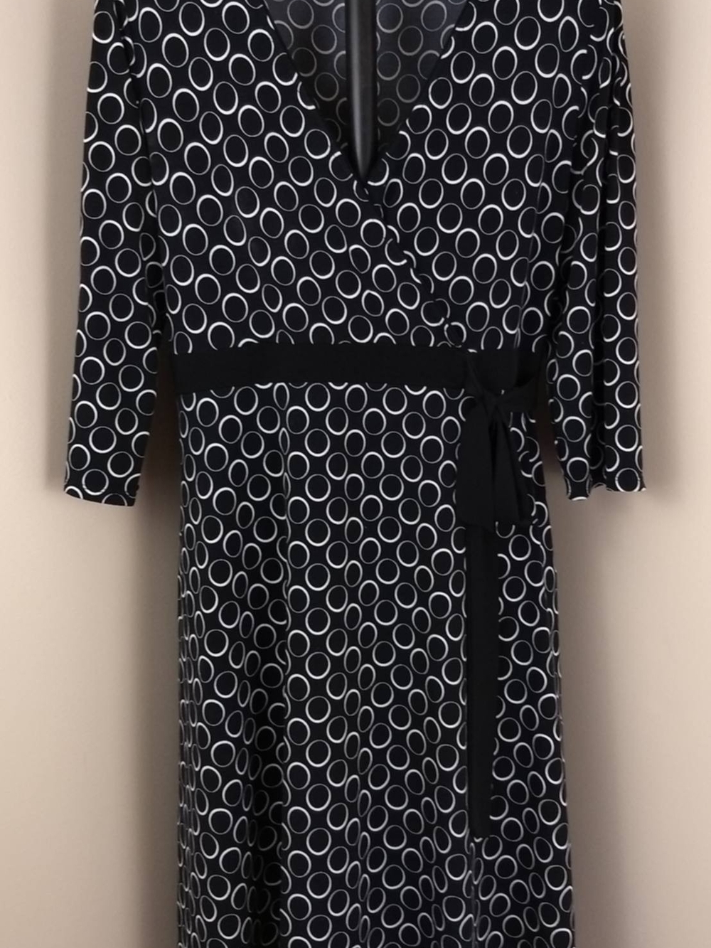 Apt. 9 Black Midi Dress with White Circle Print and Waist Tie
